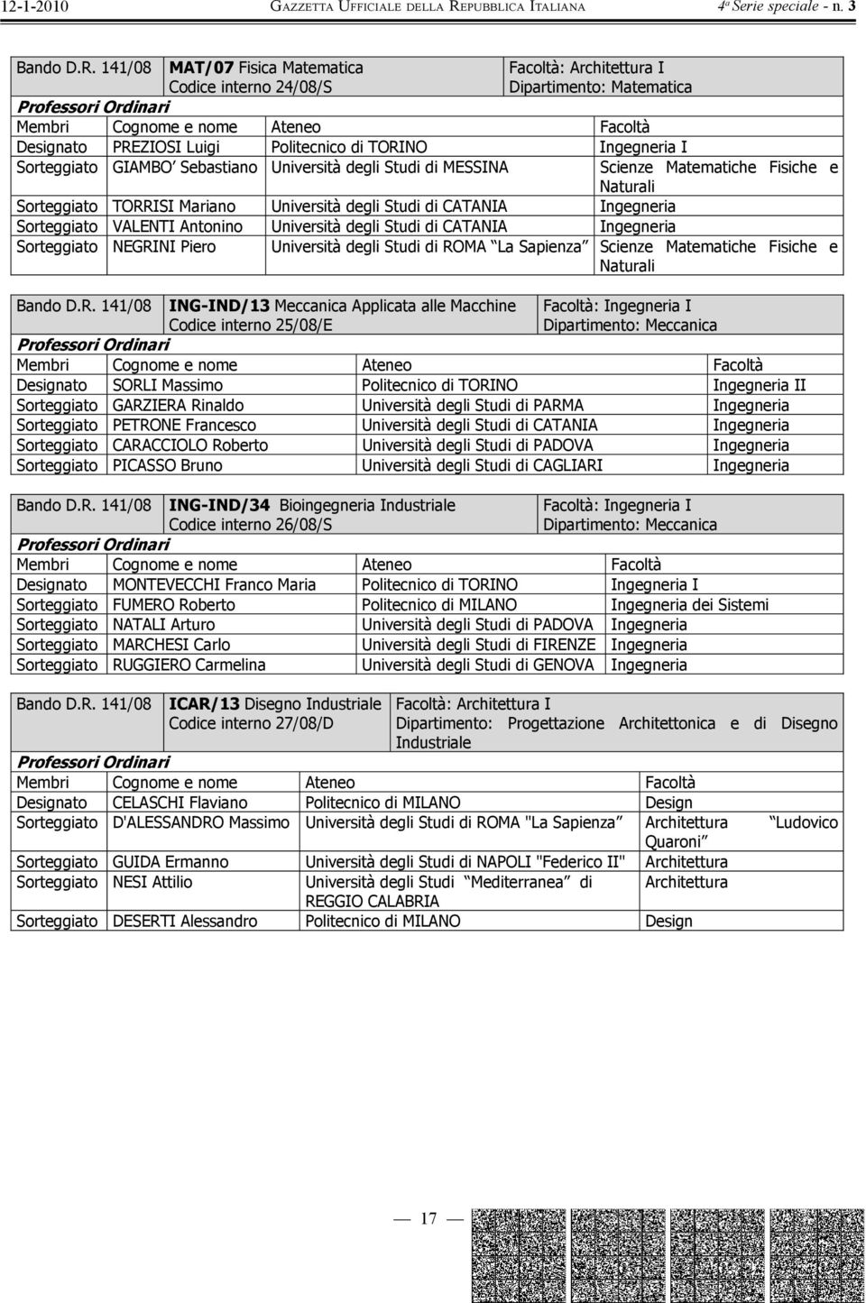 Università degli Studi di MESSINA Scienze Matematiche Fisiche e Naturali Sorteggiato TORRISI Mariano Università degli Studi di CATANIA Ingegneria Sorteggiato VALENTI Antonino Università degli Studi