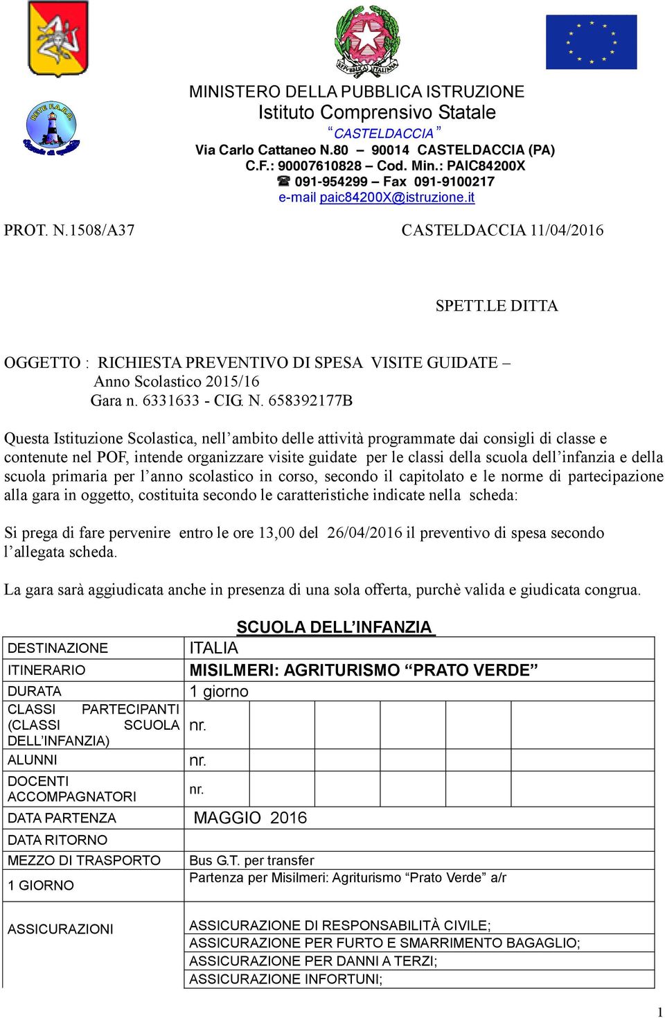 LE DITTA OGGETTO : RICHIESTA PREVENTIVO DI SPESA VISITE GUIDATE Anno Scolastico 205/6 Gara n. 633633 - CIG. N.