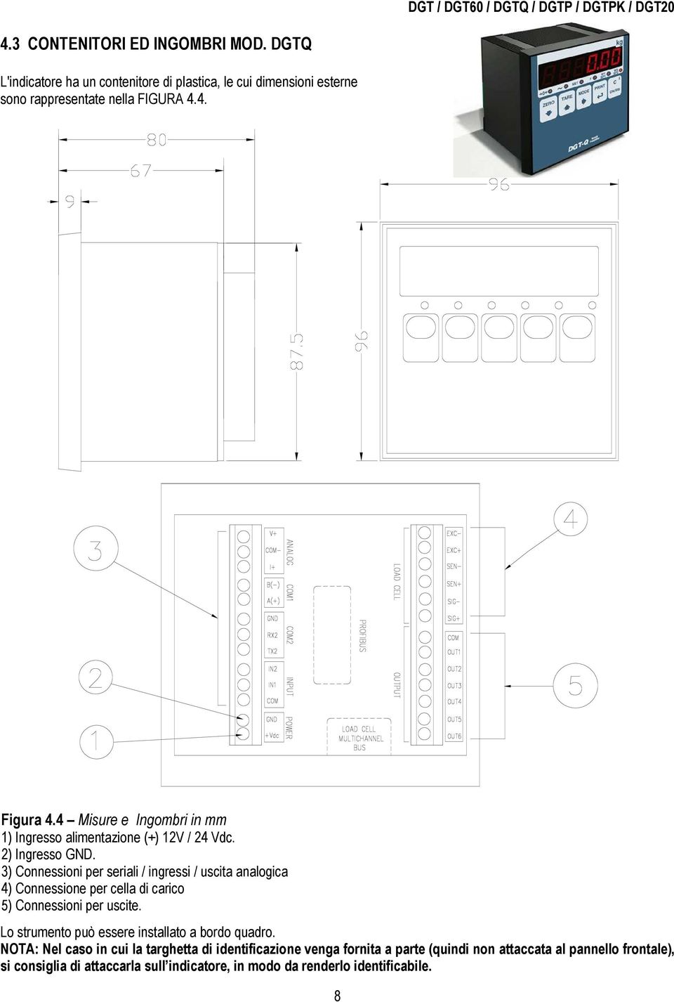 3) Connessioni per seriali / ingressi / uscita analogica 4) Connessione per cella di carico 5) Connessioni per uscite.