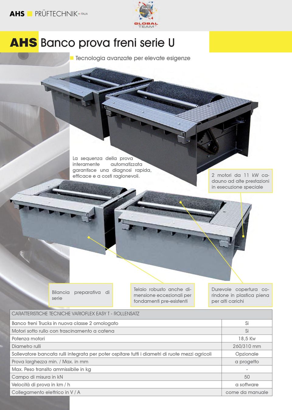 corindone in plastica piena per alti carichi CARATTERISTICHE TECNICHE VARIOFLEX EASY T - ROLLENSATZ Banco freni Trucks in nuova classe 2 omologato Si Motori sotto rullo con trascinamento a catena Si