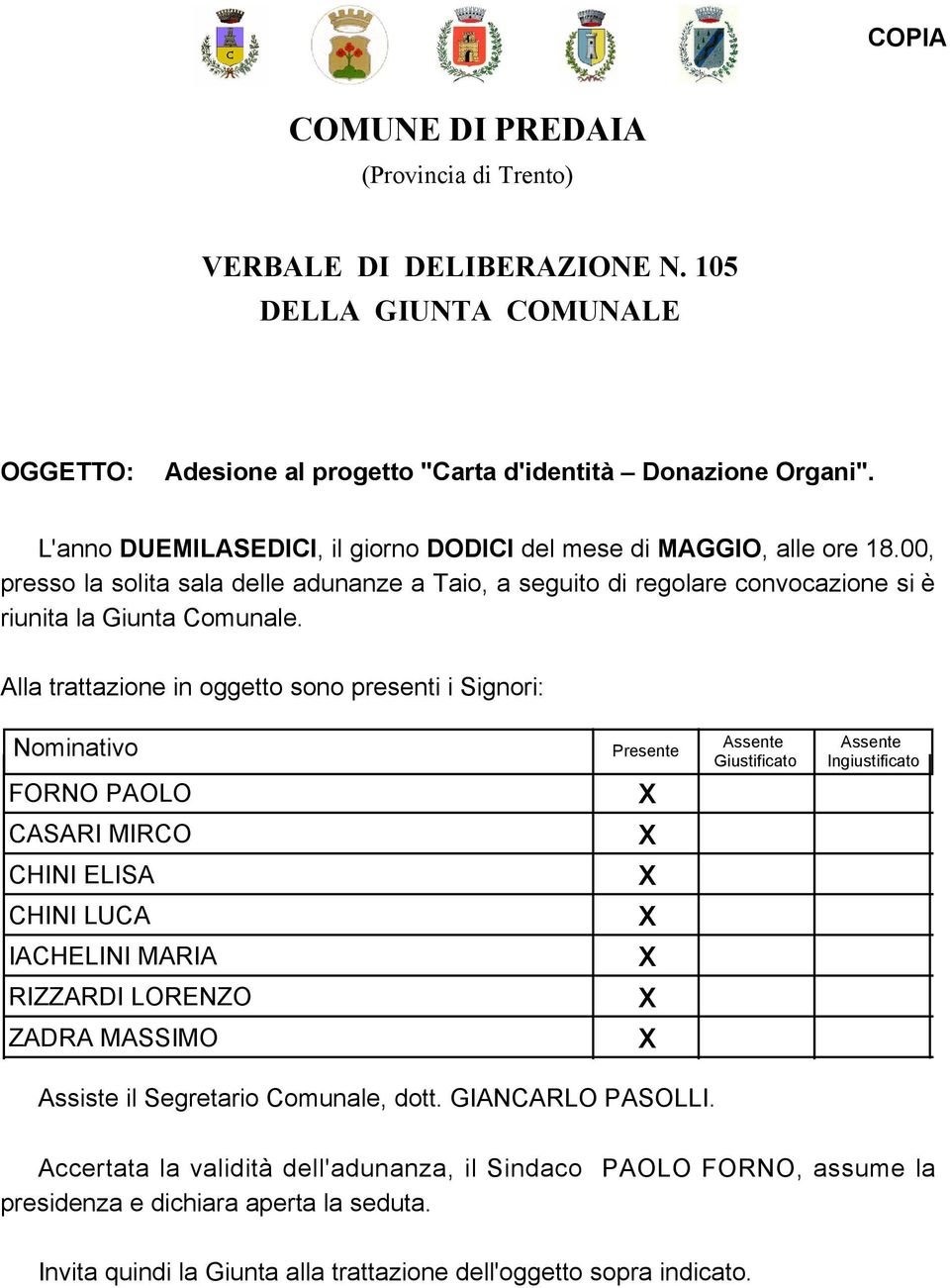 Alla trattazione in oggetto sono presenti i Signori: Nominativo FORNO PAOLO Presente Assente Giustificato Assente Ingiustificato CASARI MIRCO CHINI ELISA CHINI LUCA IACHELINI MARIA RIZZARDI LORENZO