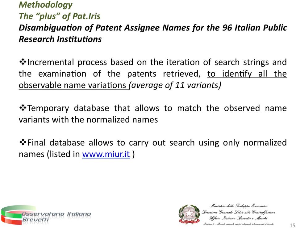 the iteranon of search strings and the examinanon of the patents retrieved, to idennfy all the observable name varianons