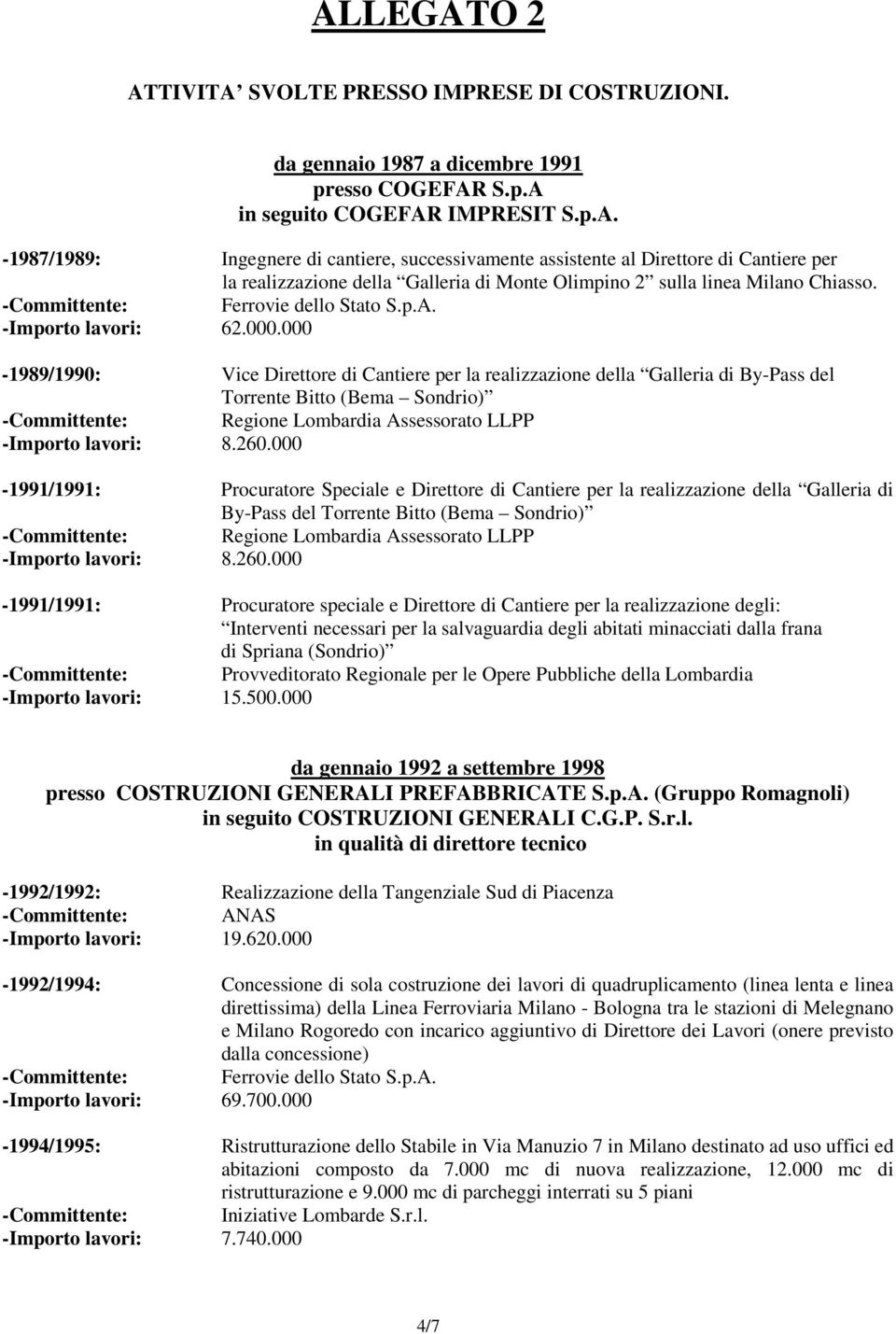 000-1989/1990: Vice Direttore di Cantiere per la realizzazione della Galleria di By-Pass del Torrente Bitto (Bema Sondrio) -Committente: Regione Lombardia Assessorato LLPP -Importo lavori: 8.260.