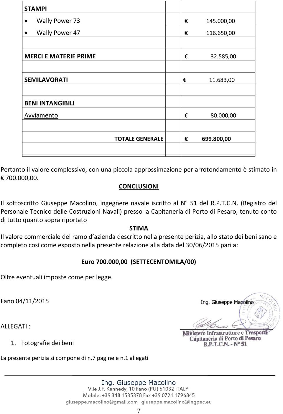 CONCLUSIONI Il sottoscritto Giuseppe Macolino, ingegnere navale iscritto al N 51 del R.P.T.C.N. (Registro del Personale Tecnico delle Costruzioni Navali) presso la Capitaneria di Porto di Pesaro,