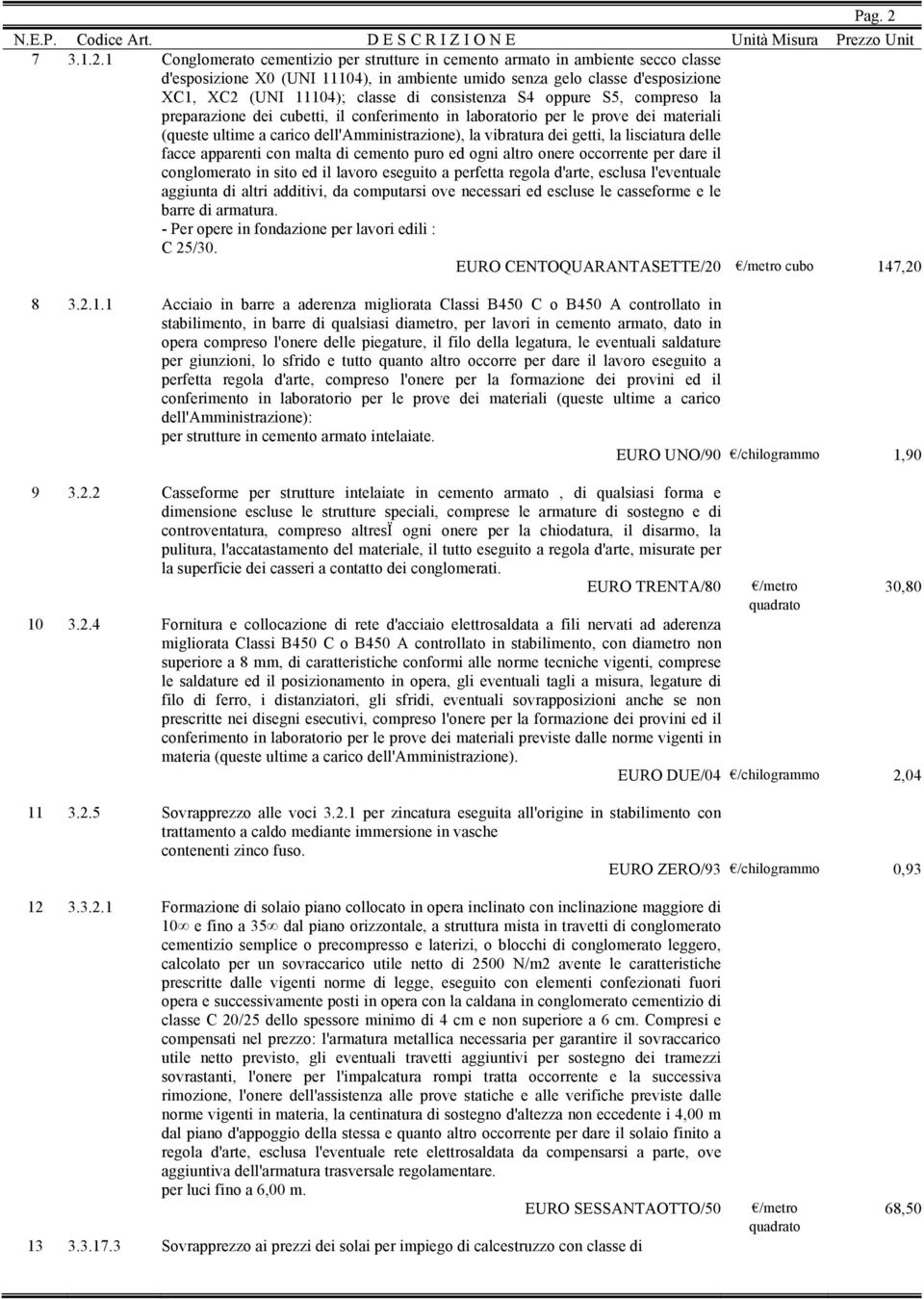 1 Conglomerato cementizio per strutture in cemento armato in ambiente secco classe d'esposizione X0 (UNI 11104), in ambiente umido senza gelo classe d'esposizione XC1, XC2 (UNI 11104); classe di