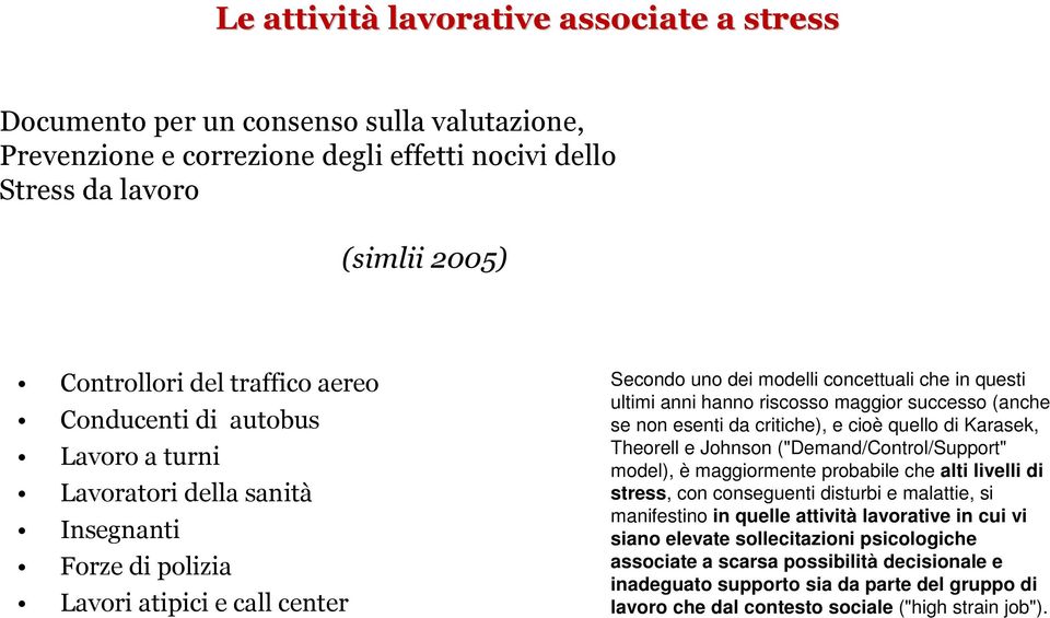 riscosso maggior successo (anche se non esenti da critiche), e cioè quello di Karasek, Theorell e Johnson ("Demand/Control/Support" model), è maggiormente probabile che alti livelli di stress, con