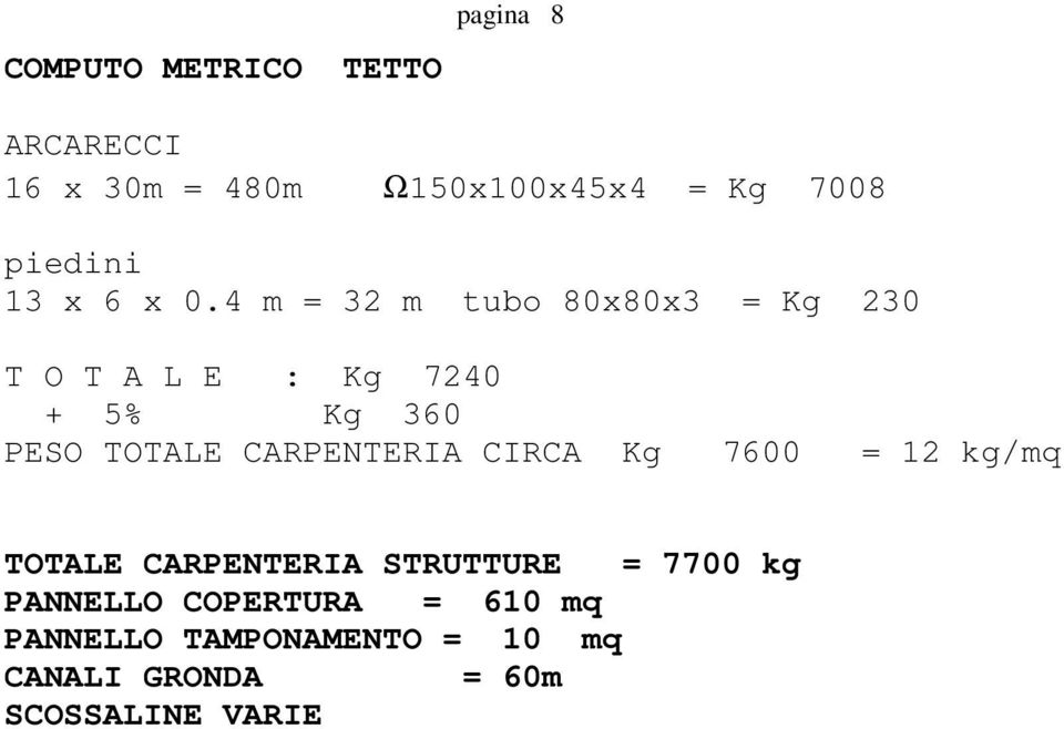 4 m = 32 m tubo 80x80x3 = Kg 230 T O T A L E : Kg 7240 + 5% Kg 360 PESO TOTALE