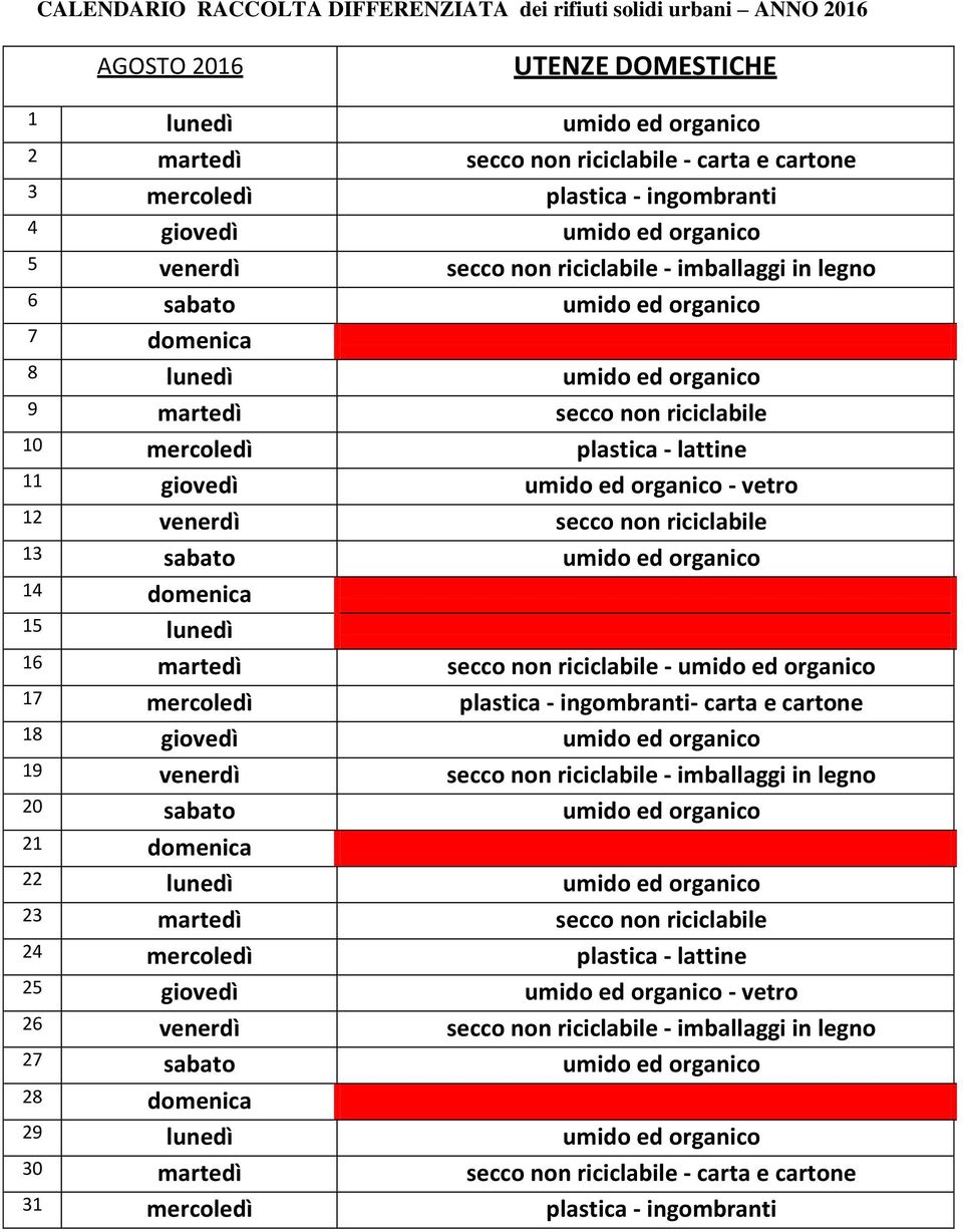 riciclabile 13 sabato umido ed organico 14 domenica 15 lunedì 16 martedì secco non riciclabile - umido ed organico 17 mercoledì plastica - ingombranti- carta e cartone 18 giovedì umido ed organico 19
