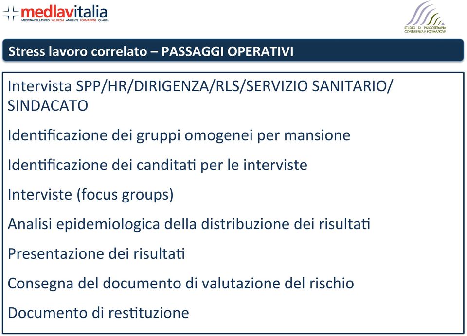 interviste Interviste (focus groups) Analisi epidemiologica della distribuzione dei risultak