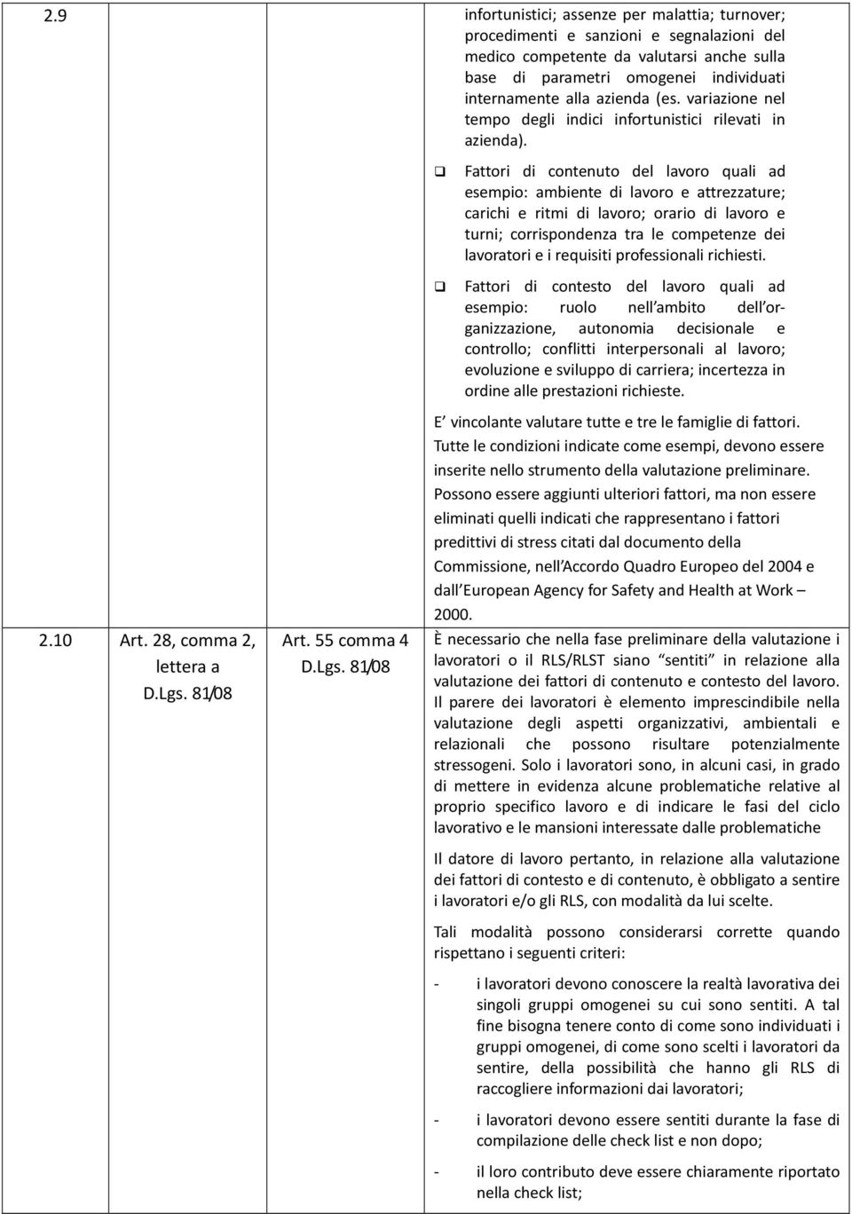 Fattori di contenuto del lavoro quali ad esempio: ambiente di lavoro e attrezzature; carichi e ritmi di lavoro; orario di lavoro e turni; corrispondenza tra le competenze dei lavoratori e i requisiti