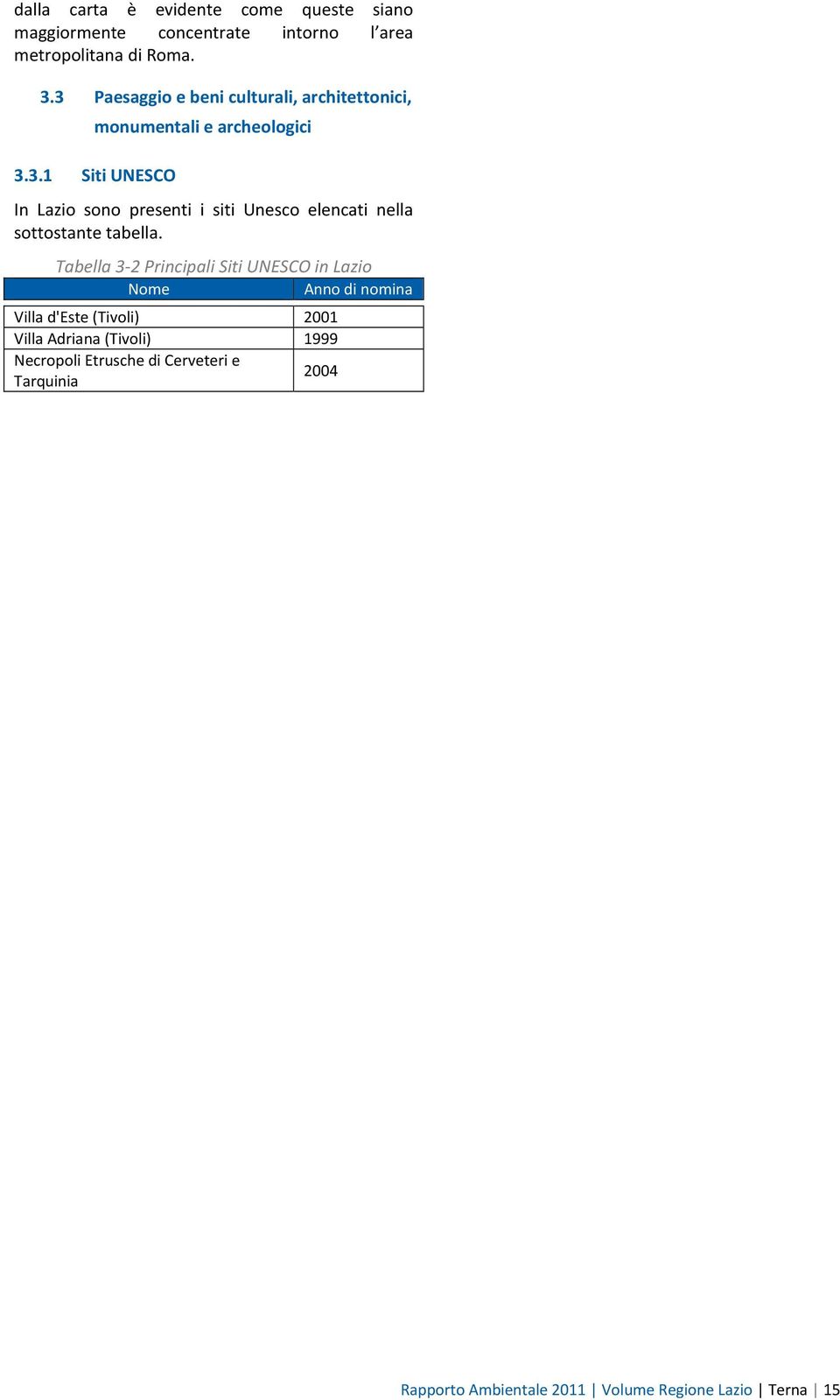 Tabella 3-2 Principali Siti UNESCO in Lazio Nome Anno di nomina Villa d'este (Tivoli) 2001 Villa Adriana (Tivoli) 1999