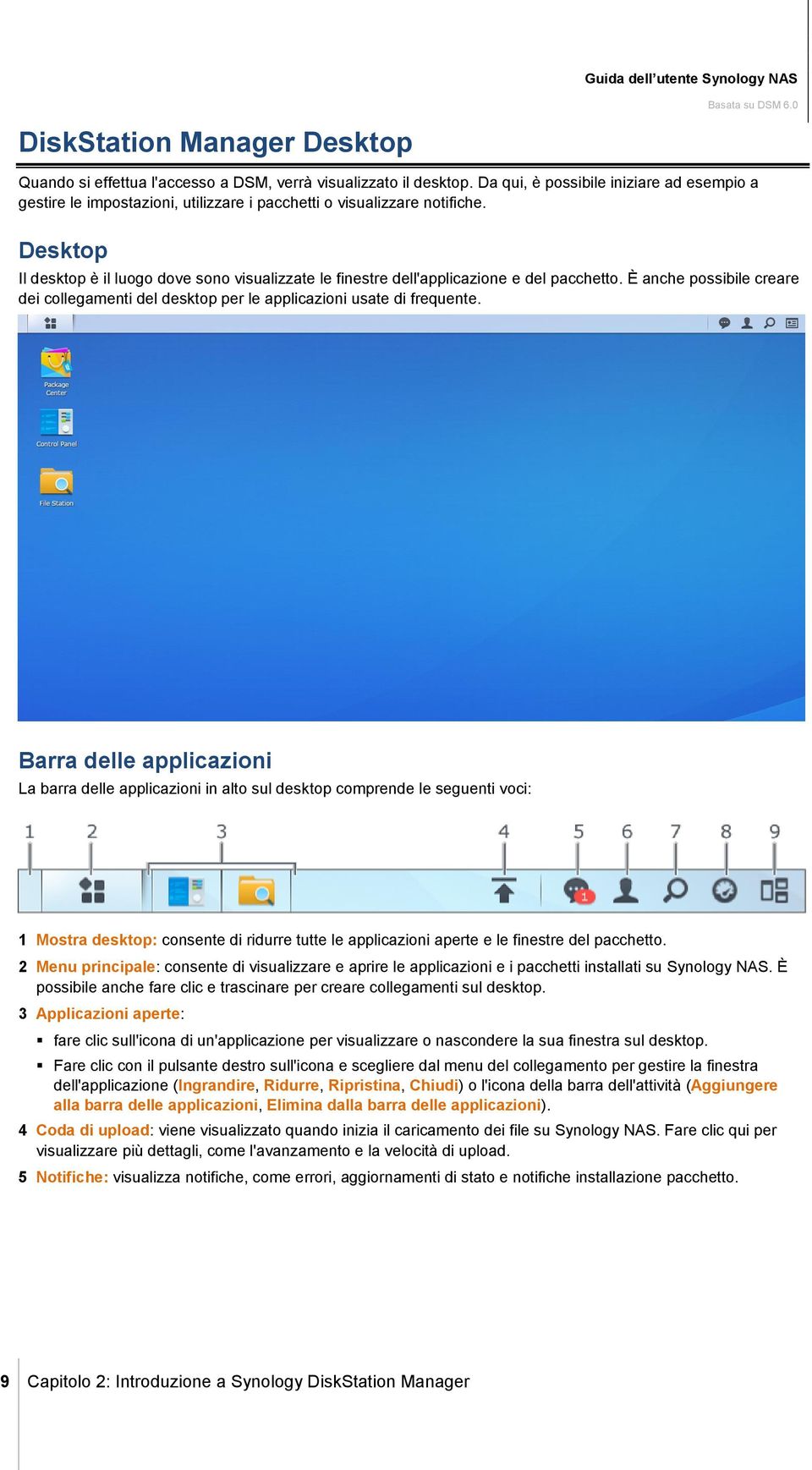 Desktop Il desktop è il luogo dove sono visualizzate le finestre dell'applicazione e del pacchetto. È anche possibile creare dei collegamenti del desktop per le applicazioni usate di frequente.