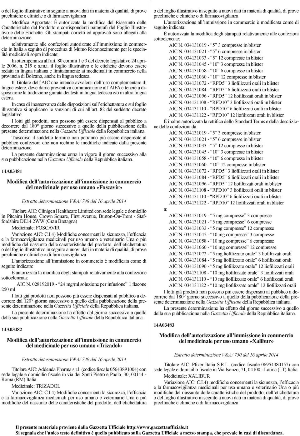 relativamente alle confezioni autorizzate all immissione in commercio in Italia a seguito di procedura di Mutuo Riconoscimento per le specialità medicinali sopra indicate; In ottemperanza all art.