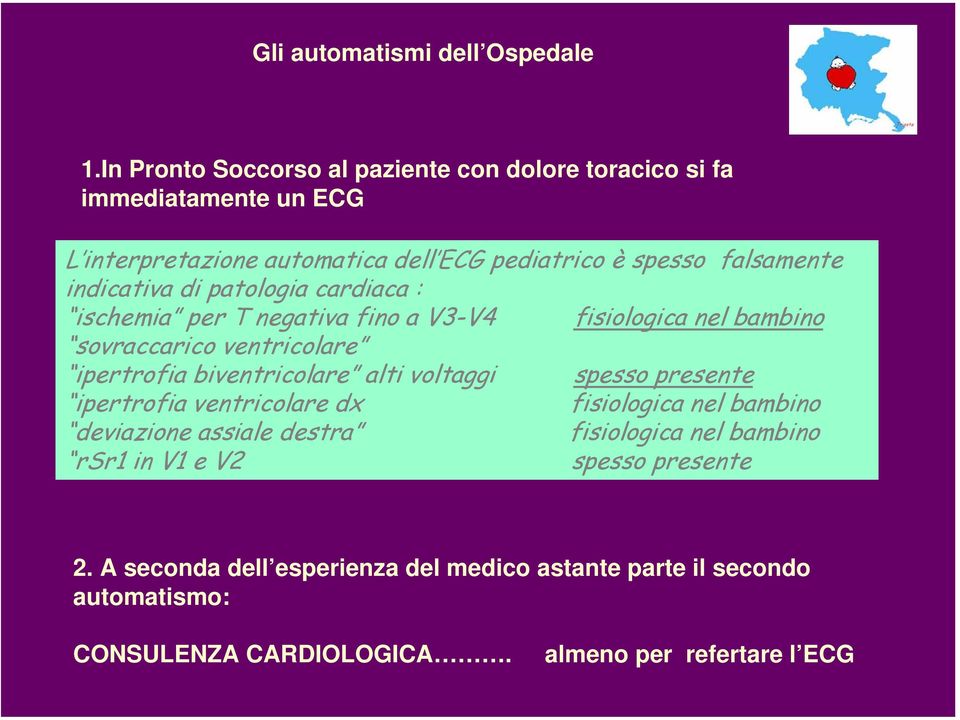 indicativa di patologia cardiaca : ischemia per T negativa fino a V3-V4 fisiologica nel bambino sovraccarico ventricolare ipertrofia biventricolare alti