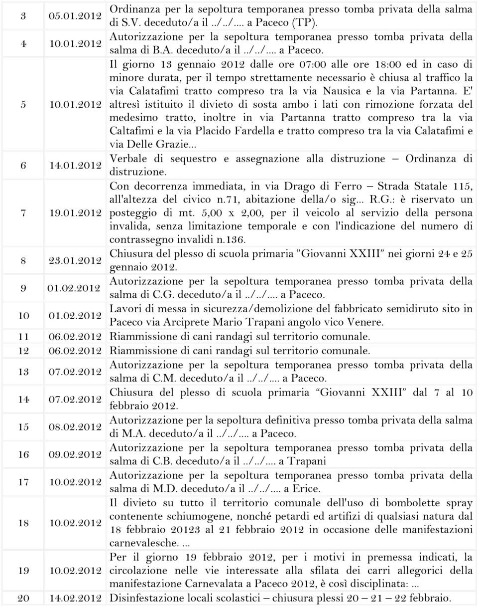 giorno 13 gennaio 2012 dalle ore 07:00 alle ore 18:00 ed in caso di minore durata, per il tempo strettamente necessario è chiusa al traffico la via Calatafimi tratto compreso tra la via Nausica e la