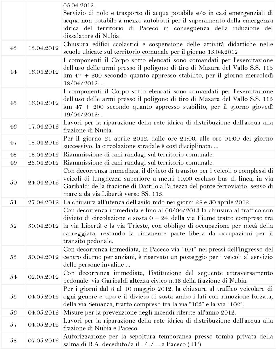 riduzione del dissalatore di Nubia. 43 13.04.2012 Chiusura edifici scolastici e sospensione delle attività didattiche nelle scuole ubicate sul territorio comunale per il giorno 13.04.2012 44 16.04.2012 km 47 + 200 secondo quanto appresso stabilito, per il giorno mercoledì 18/04/2012:.