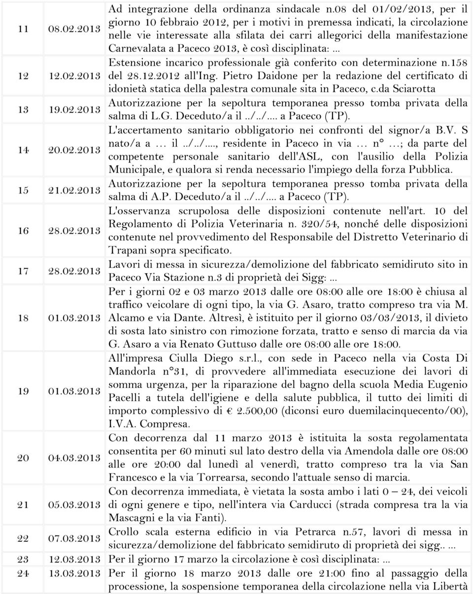 2013, è così disciplinata:... 12 12.02.2013 Estensione incarico professionale già conferito con determinazione n.158 del 28.12.2012 all'ing.