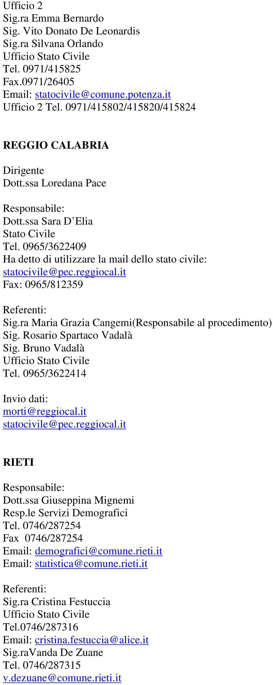 reggiocal.it Fax: 0965/812359 Sig.ra Maria Grazia Cangemi(Responsabile al procedimento) Sig. Rosario Spartaco Vadalà Sig. Bruno Vadalà Tel. 0965/3622414 morti@reggiocal.it statocivile@pec.reggiocal.it RIETI Dott.