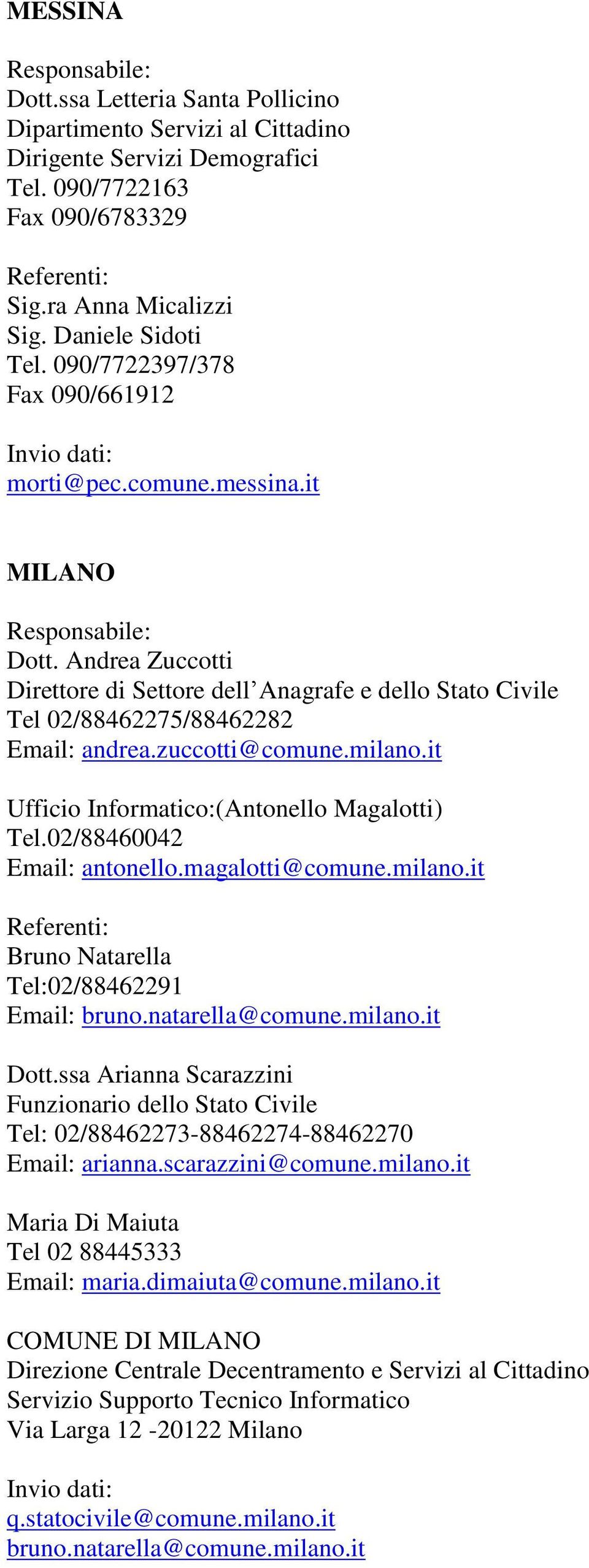 milano.it Ufficio Informatico:(Antonello Magalotti) Tel.02/88460042 Email: antonello.magalotti@comune.milano.it Bruno Natarella Tel:02/88462291 Email: bruno.natarella@comune.milano.it Dott.