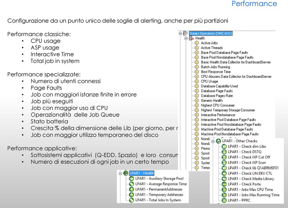 maggior uso di CPU Operazionalità delle Job Queue Stato batteria Crescita % della dimensione delle Lib (per giorno, per mese, ) Job con maggior utilizzo