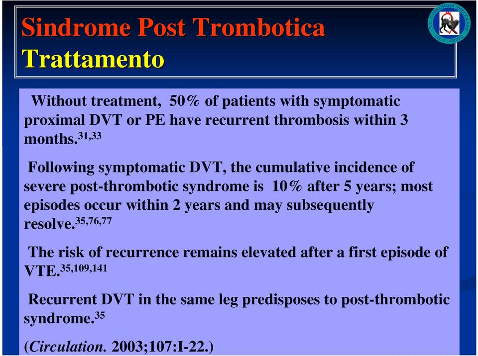 31,33 Following symptomatic DVT, the cumulative incidence of severe post-thrombotic syndrome is 10% after 5 years; most episodes