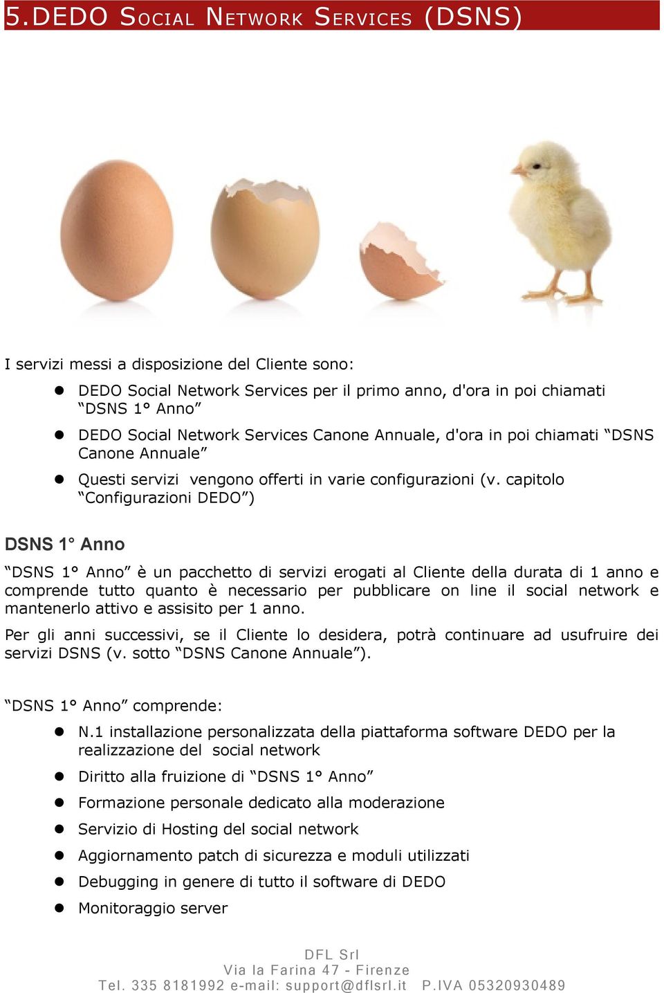 capitolo Configurazioni DEDO ) DSNS 1 Anno DSNS 1 Anno è un pacchetto di servizi erogati al Cliente della durata di 1 anno e comprende tutto quanto è necessario per pubblicare on line il social