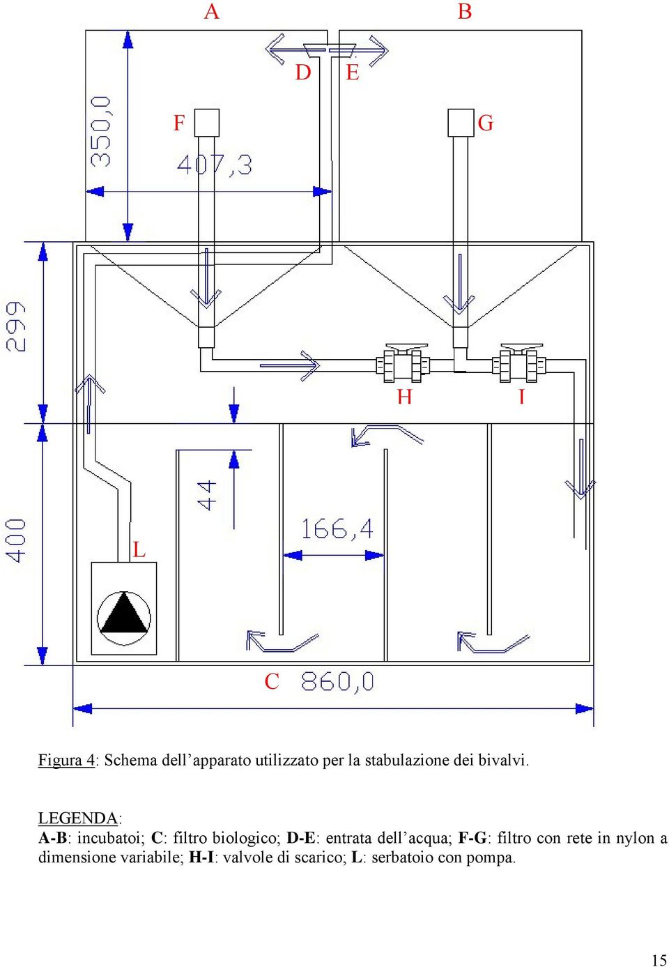 LEGENDA: A-B: incubatoi; C: filtro biologico; D-E: entrata dell acqua;