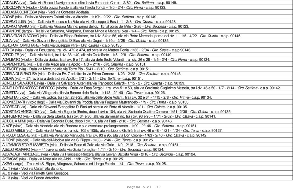 ADORNO LUIGI (via) - Dalla via Francesco La Fata alla via Giuseppe Li Bassi - 1-2/8 - Circ. Quarta - c.a.p. 90128. ADORNO MARIO (via) - Dalla via Messina Marine, prima del civ.