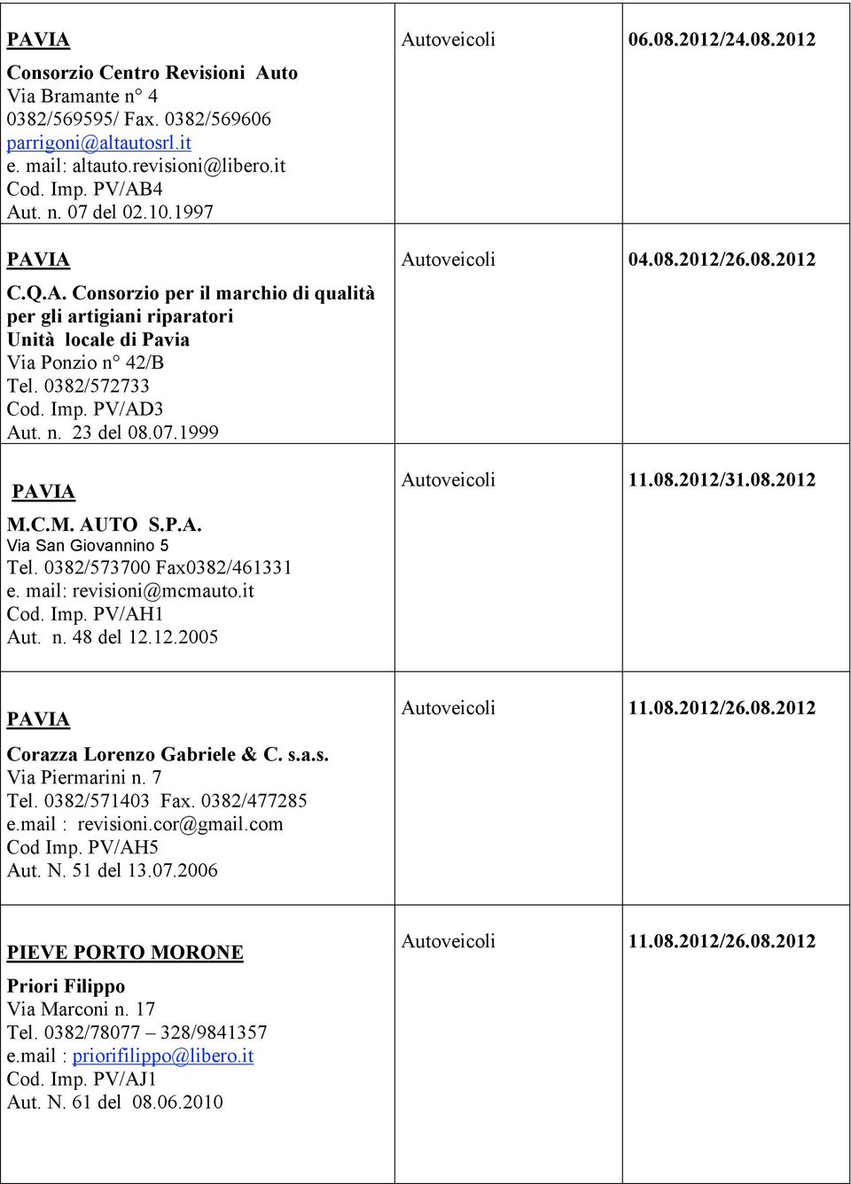 12.2005 Autoveicoli 06.08.2012/24.08.2012 Autoveicoli 04.08.2012/26.08.2012 Autoveicoli 11.08.2012/31.08.2012 Corazza Lorenzo Gabriele & C. s.a.s. Via Piermarini n. 7 Tel. 0382/571403 Fax.
