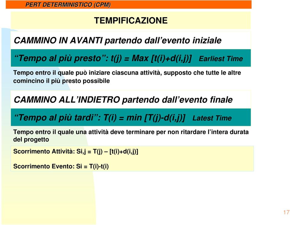 ALL INDIETRO partendo dall evento finale Tempo al più tardi : T(i) = min [T(j)-d(i,j)] Latest Time Tempo entro il quale una attività deve