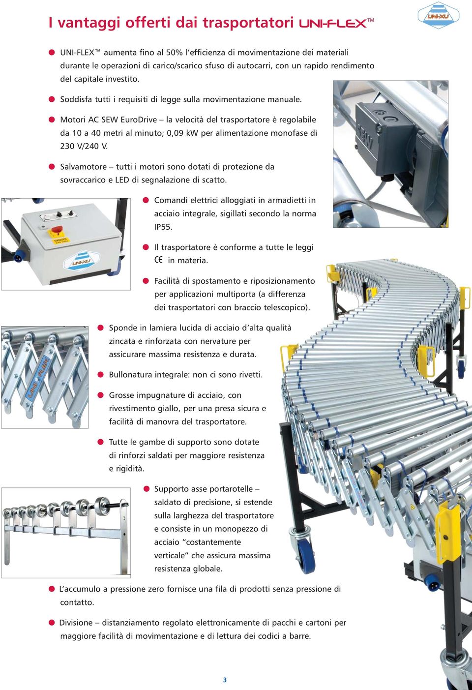 Motori AC SEW EuroDrive la velocità del trasportatore è regolabile da 10 a 40 metri al minuto; 0,09 kw per alimentazione monofase di 230 V/240 V.