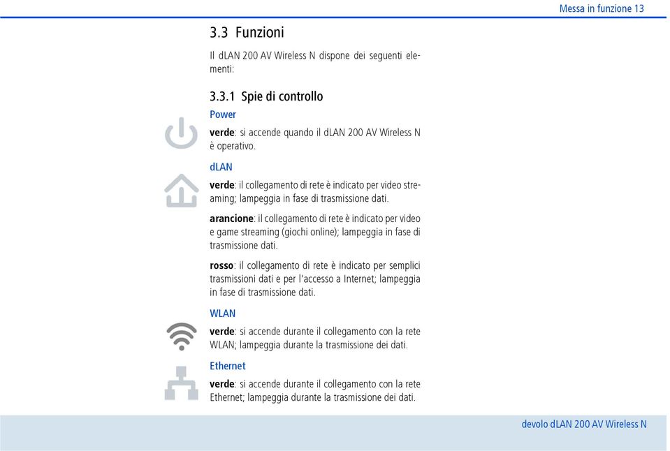 arancione: il collegamento di rete è indicato per video e game streaming (giochi online); lampeggia in fase di trasmissione dati.