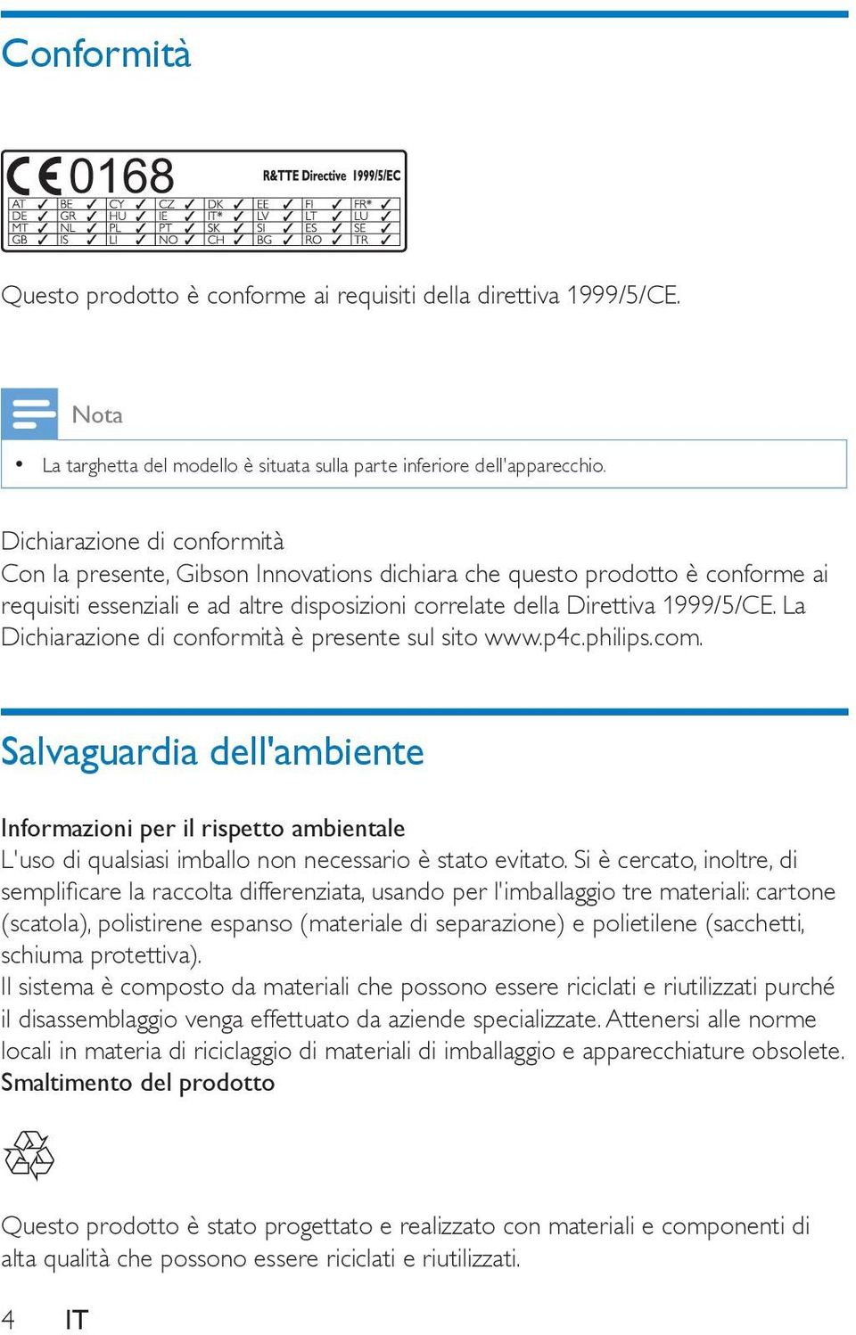 La Dichiarazione di conformità è presente sul sito www.p4c.philips.com. Salvaguardia dell'ambiente Informazioni per il rispetto ambientale L'uso di qualsiasi imballo non necessario è stato evitato.