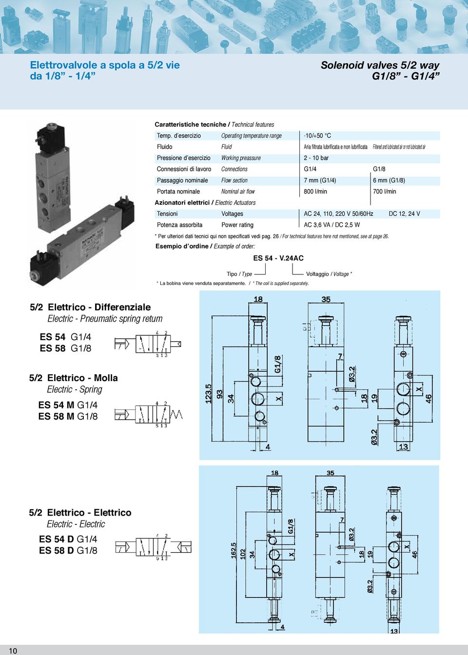 2-10 bar Connessioni di lavoro Connections G G Passaggio nominale Flow section 7 mm (G) 6 mm (G) Portata nominale Nominal air flow 800 l/min 700 l/min Azionatori elettrici / Electric Actuators