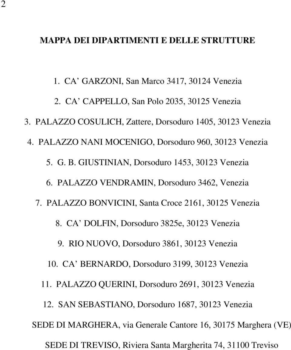 PALAZZO VENDRAMIN, Dorsoduro 3462, Venezia 7. PALAZZO BONVICINI, Santa Croce 2161, 3012 Venezia 8. CA DOLFIN, Dorsoduro 382e, 30123 Venezia 9. RIO NUOVO, Dorsoduro 3861, 30123 Venezia 10.