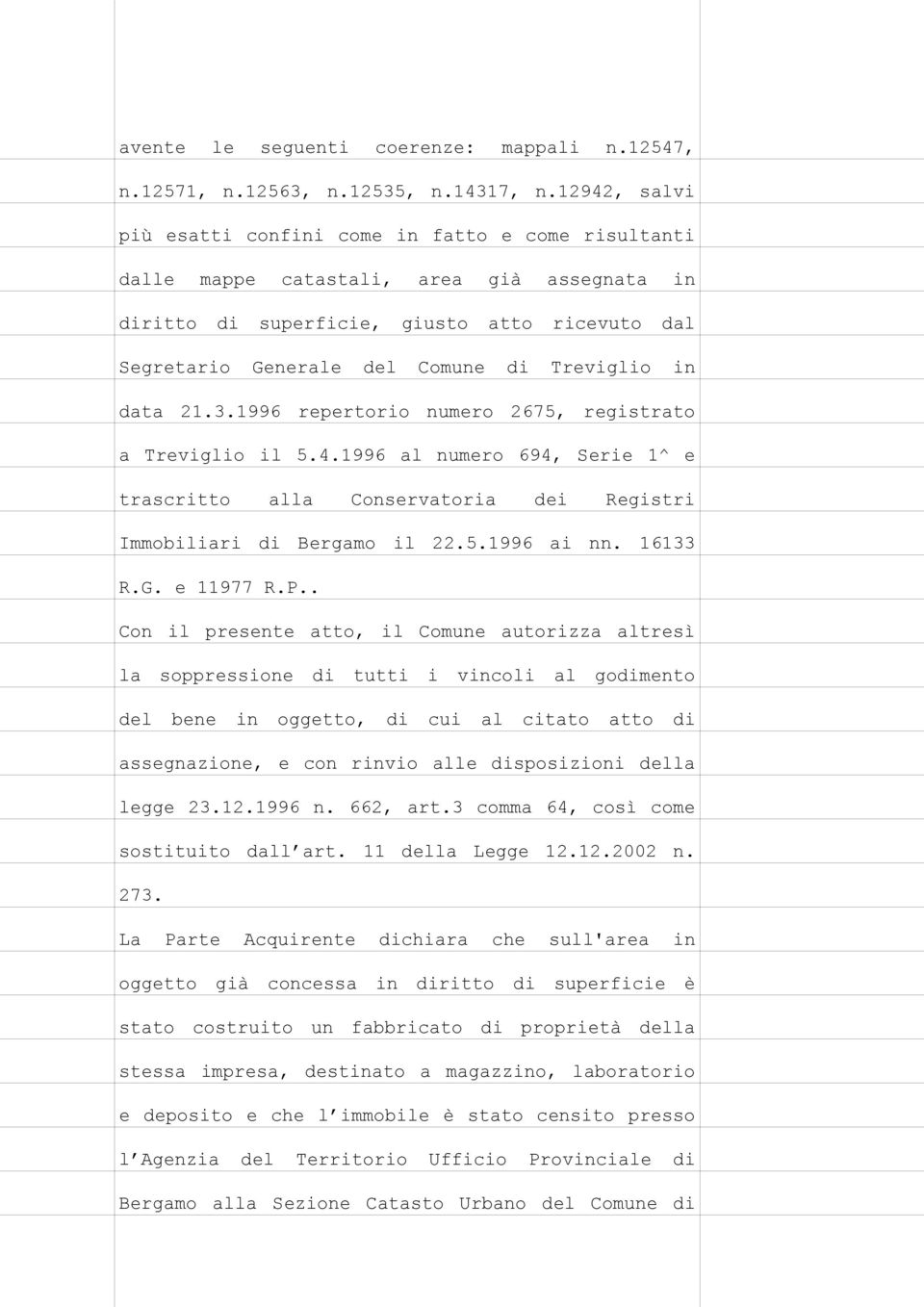 Treviglio in data 21.3.1996 repertorio numero 2675, registrato a Treviglio il 5.4.1996 al numero 694, Serie 1^ e trascritto alla Conservatoria dei Registri Immobiliari di Bergamo il 22.5.1996 ai nn.