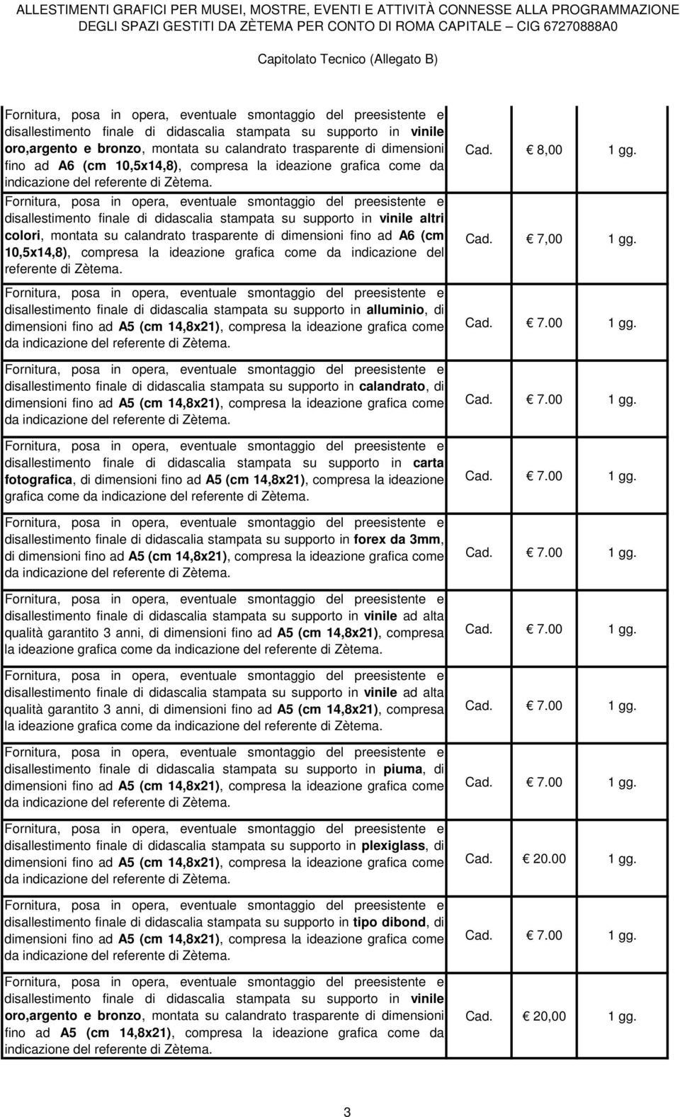 indicazione del disallestimento finale di didascalia stampata su supporto in alluminio, di dimensioni fino ad A5 (cm 14,8x21), compresa la ideazione grafica come da disallestimento finale di