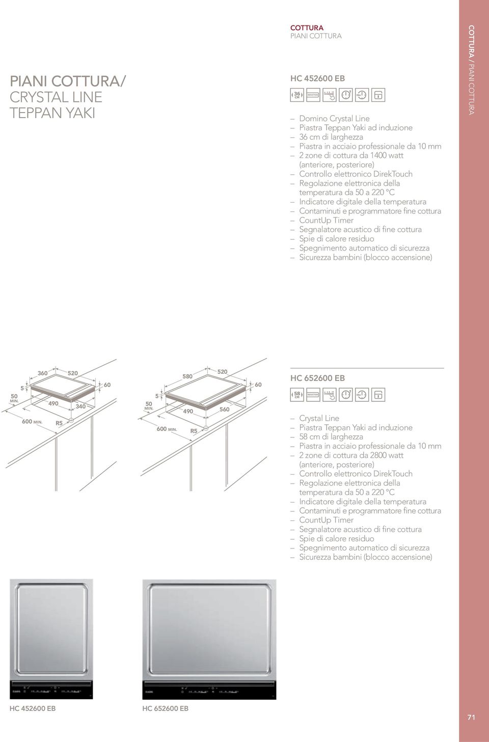 Timer Segnalatore acustico di fine cottura Spie di calore residuo Spegnimento automatico di sicurezza Sicurezza bambini (blocco accensione) COTTURA / 5 360 520 60 580 520 60 HC 652600 EB 50 600 490