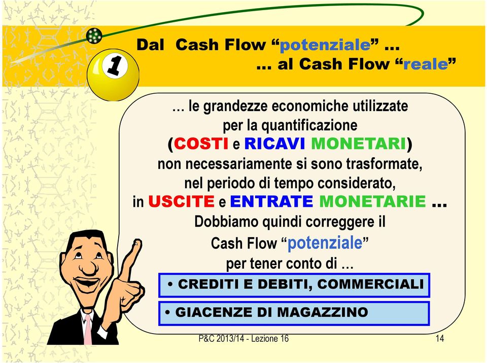 di tempo considerato, in USCITE e ENTRATE MONETARIE Dobbiamo quindi correggere il Cash Flow