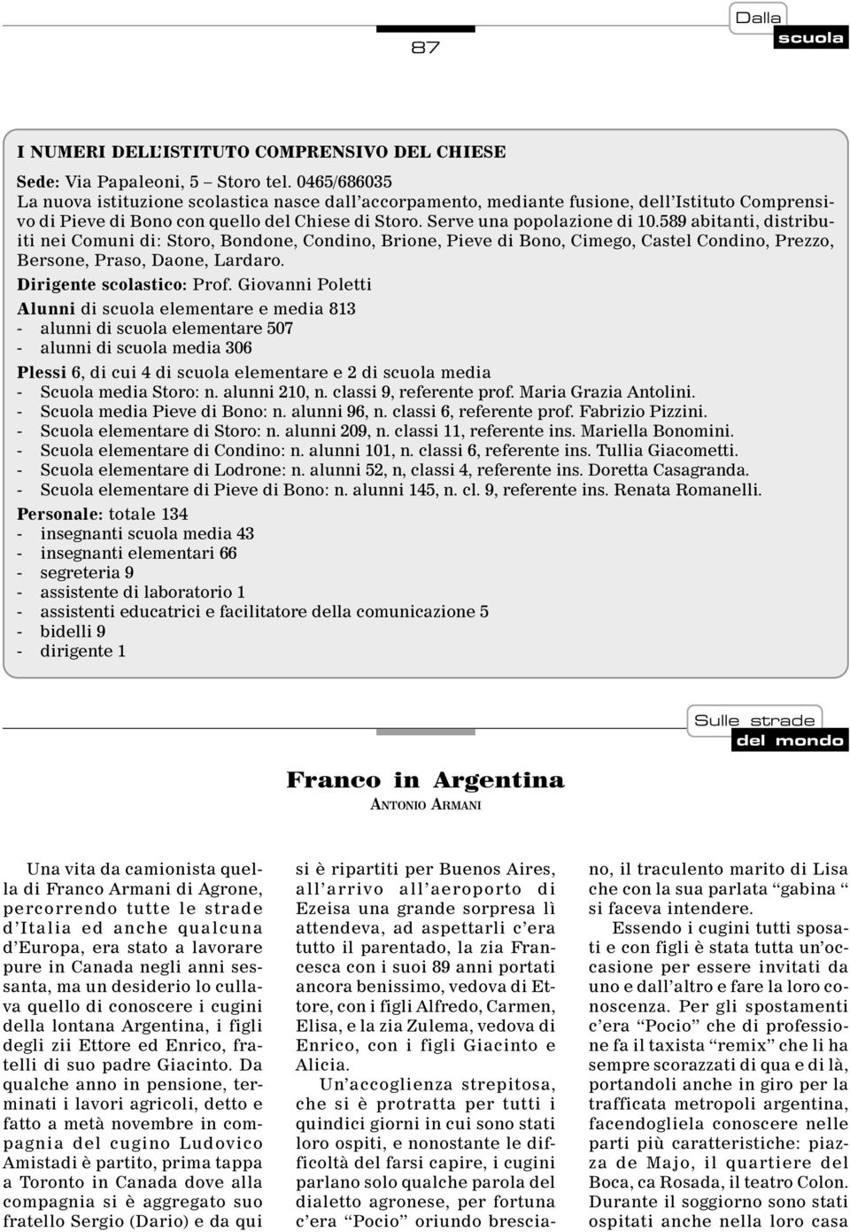 Condino, Prezzo, Bersone, Praso, Daone, Lardaro Dirigente scolastico: Prof Giovanni Poletti Alunni di scuola elementare e media 813 - alunni di scuola elementare 507 - alunni di scuola media 306