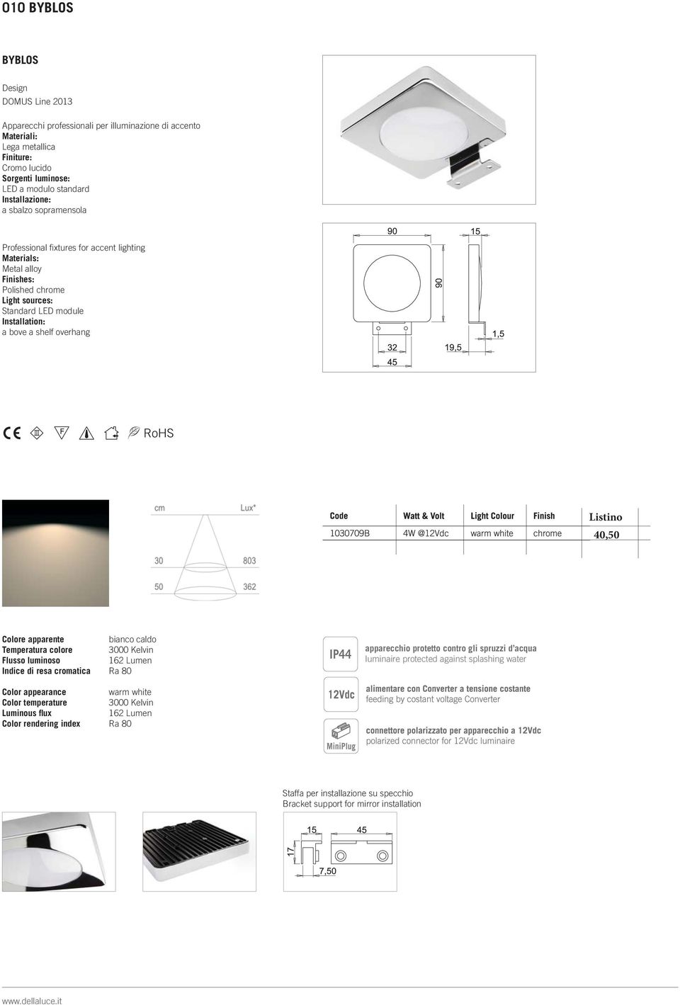 overhang Colore apparente bianco caldo Temperatura colore 3000 Kelvin Flusso luminoso 162 Lumen Indice di resa cromatica Ra 80 Color appearance warm white Color temperature 3000 Kelvin Luminous