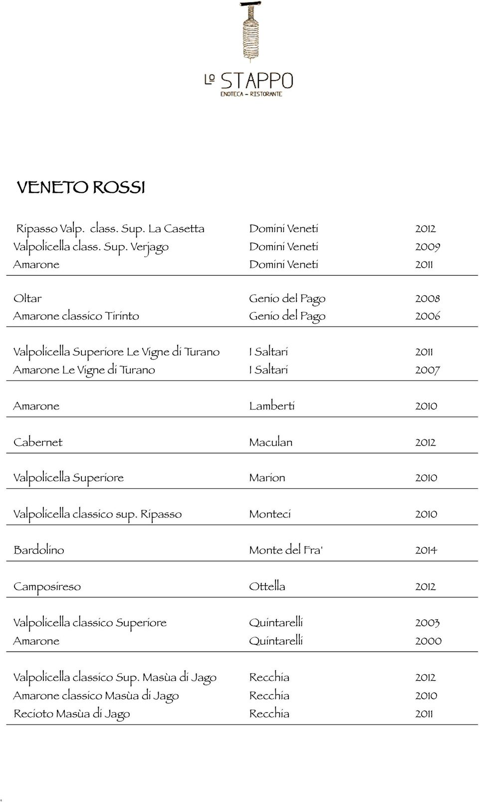 Verjago Domini Veneti 2009 Amarone Domini Veneti 2011 Oltar Genio del Pago 2008 Amarone classico Tirinto Genio del Pago 2006 Valpolicella Superiore Le Vigne di Turano I Saltari