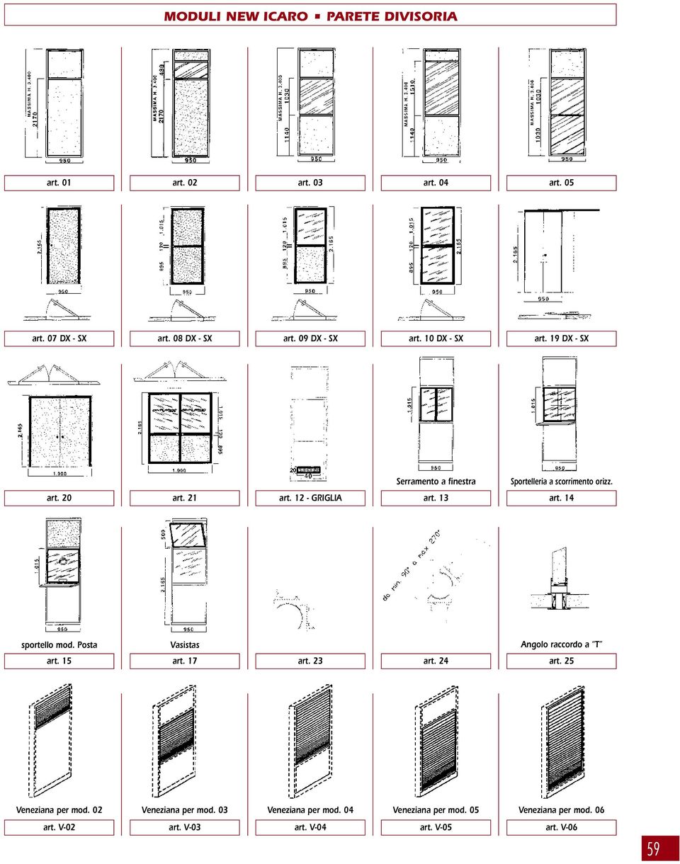 13 art. 14 sportello mod. Posta Vasistas Angolo raccordo a T art. 15 art. 17 art. 23 art. 24 art. 25 Veneziana per mod.