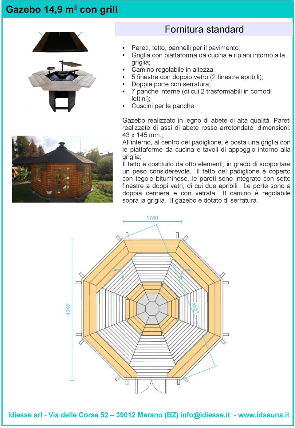 Pareti realizzate di assi di abete rosso arrotondate, dimensioni: 43 x 145 mm.