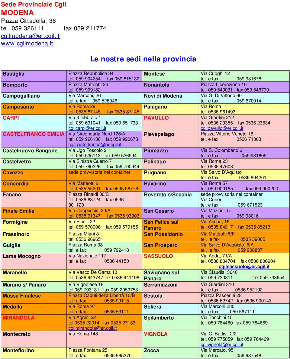 059 549031 fax 059 546799 Campogalliano Via Marconi, 26 Novi di Modena Via G. Di Vittorio 60 tel. e fax 059 526046 tel. e fax 059 670014 Camposanto Via Roma 29 Palagano Via Roma tel.