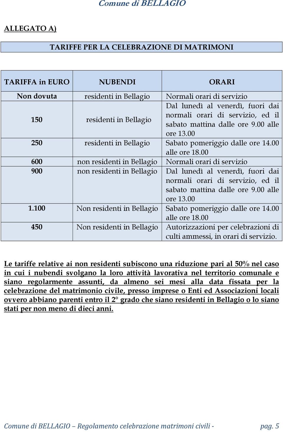 00 600 non residenti in Bellagio Normali orari di servizio 900 non residenti in Bellagio Dal lunedì al venerdì, fuori dai normali orari di servizio, ed il sabato mattina dalle ore 9.00 alle ore 13.