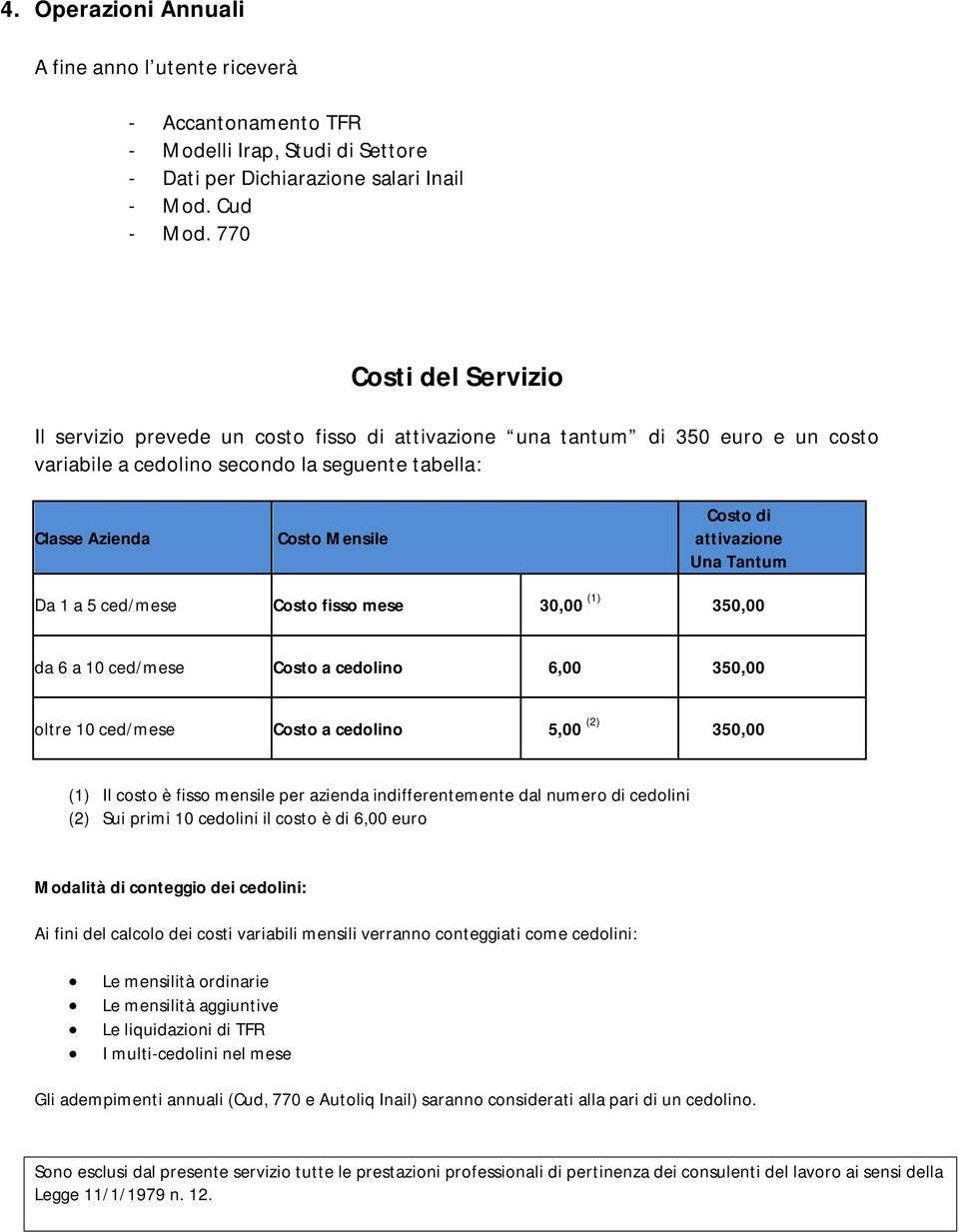 attivazione Una Tantum Da 1 a 5 ced/mese Costo fisso mese 30,00 (1) 350,00 da 6 a 10 ced/mese Costo a cedolino 6,00 350,00 oltre 10 ced/mese Costo a cedolino 5,00 (2) 350,00 (1) Il costo è fisso