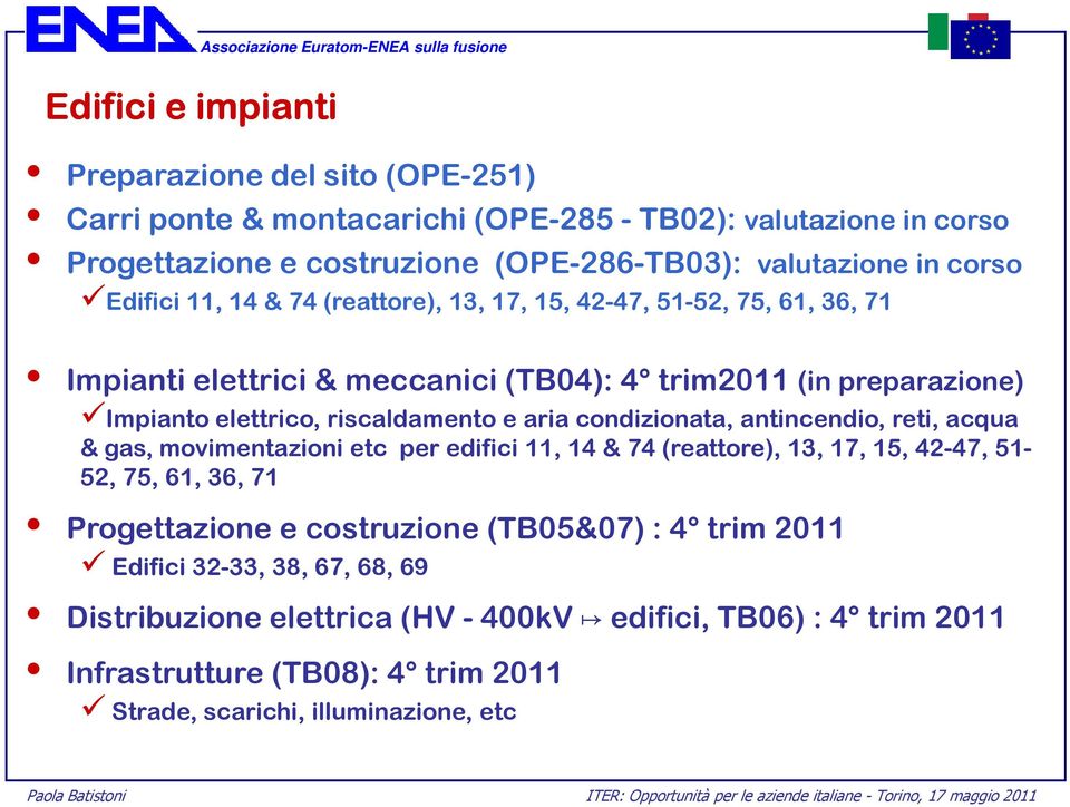 elettrico, riscaldamento e aria condizionata, antincendio, reti, acqua & gas, movimentazioni etc per edifici 11, 14 & 74 (reattore), 13, 17, 15, 42-47, 51-52, 75, 61, 36, 71 Progettazione e