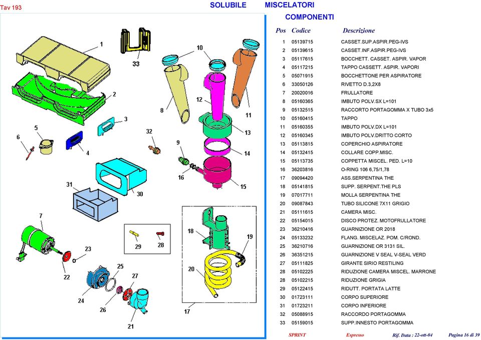SX L=101 9 05132515 RACCORTO PORTAGOMMA X TUBO 3x5 10 05160415 TAPPO 11 05160355 IMBUTO POLV.DX L=101 12 05160345 IMBUTO POLV.DRITTO CORTO 13 05113815 COPERCHIO ASPIRATORE 14 05132415 COLLARE COPP.