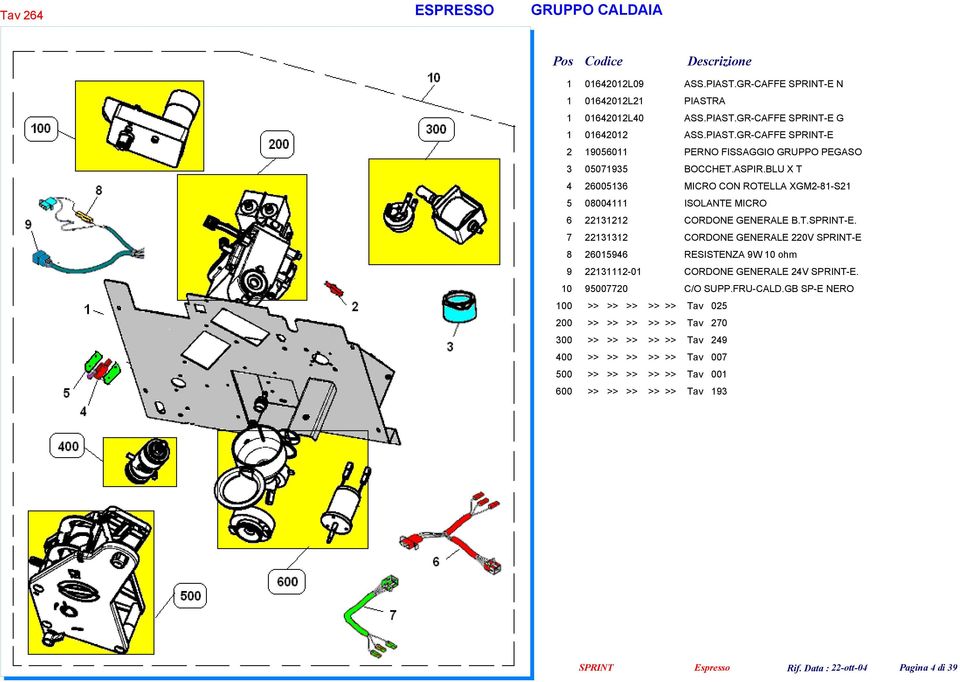 7 22131312 CORDONE GENERALE 220V SPRINT-E 8 26015946 RESISTENZA 9W 10 ohm 9 22131112-01 CORDONE GENERALE 24V SPRINT-E. 10 95007720 C/O SUPP.FRU-CALD.